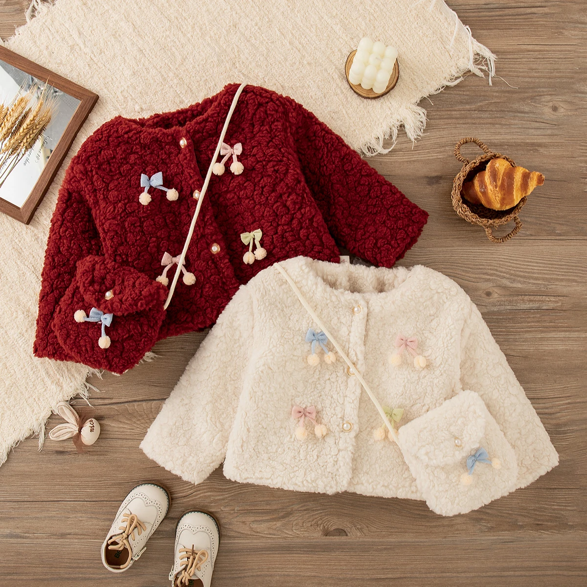 

Winter New Baby Girl Fleece Coat Cute Bow Gift Bag Solid Color, Daily Warm Outdoor Children'S Clothing (9 Months To 4 Years Old)