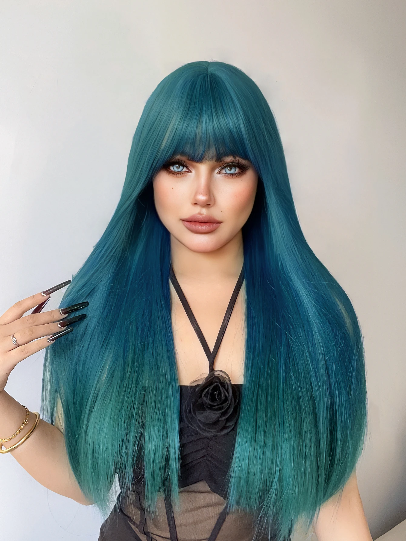 28Inch Teal Blue Color Synthetic Wigs With Bang Long Natural Straight Hair Wig For Women Daily Cosplay Drag Queen Heat Resistant