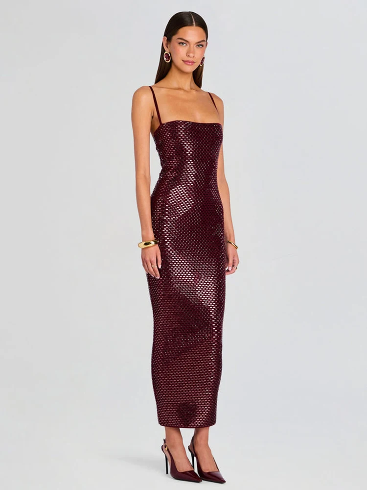 Sukienka maxi VC Women w kolorze burgundowym z cekinami – seksowna sukienka wieczorowa na ramiączkach spaghetti, dopasowana, czerwona sukienka bodycon na koktajl i imprezy, vestidos