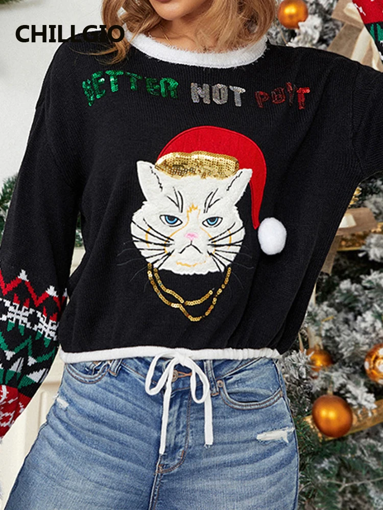 CHILLGIO Women Sequined Cat Christmas Knitted Sweater Fashion Long Sleeves O Neck Party Vintage Elastic Winter Warm Pullovers