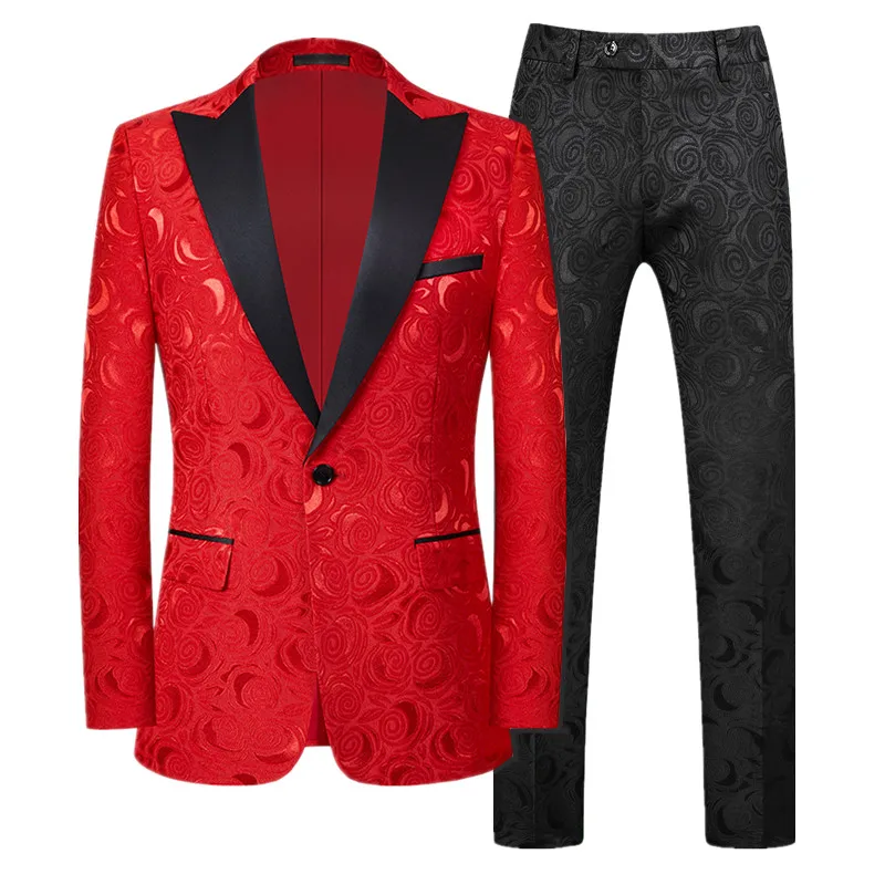 High End Gentleman Jacquard Suit Men Clothing Red Black White Fashion Luxury Men\'s Wedding Party Dress Slim Fit Blazer and Pants