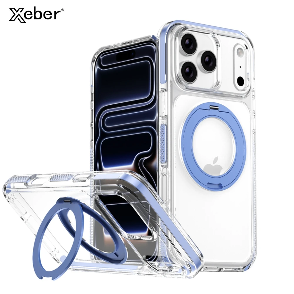 Echte magnetische, stoßfeste Magsafe-Hülle für iPhone 17 Pro 18 Pro Max Air mit transparenter Rückseite, drehbarem Metallständer und Abdeckung