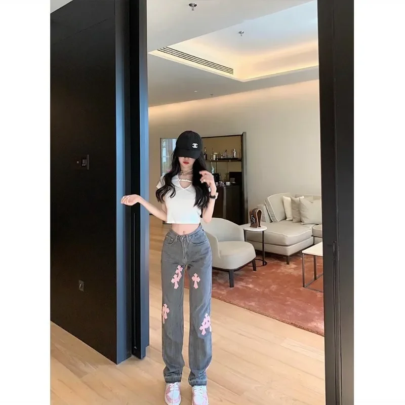 2023 Vintage High Waist Women\'s Baggy Jeans - Streetwear Denim for Korean Fashion Clothes High Waist Cross Y2K Pants Large Size