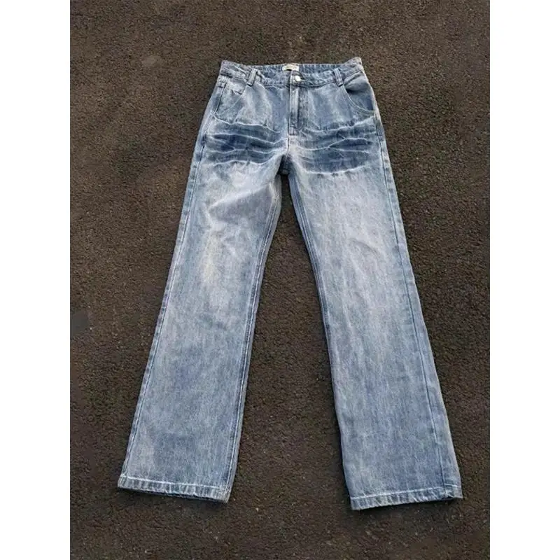 

Light Blue Lightning Pattern Men's Jeans American Style Summer Pants Cleanfit Design Bent Knife Flared Pants Straight Tube Jeans