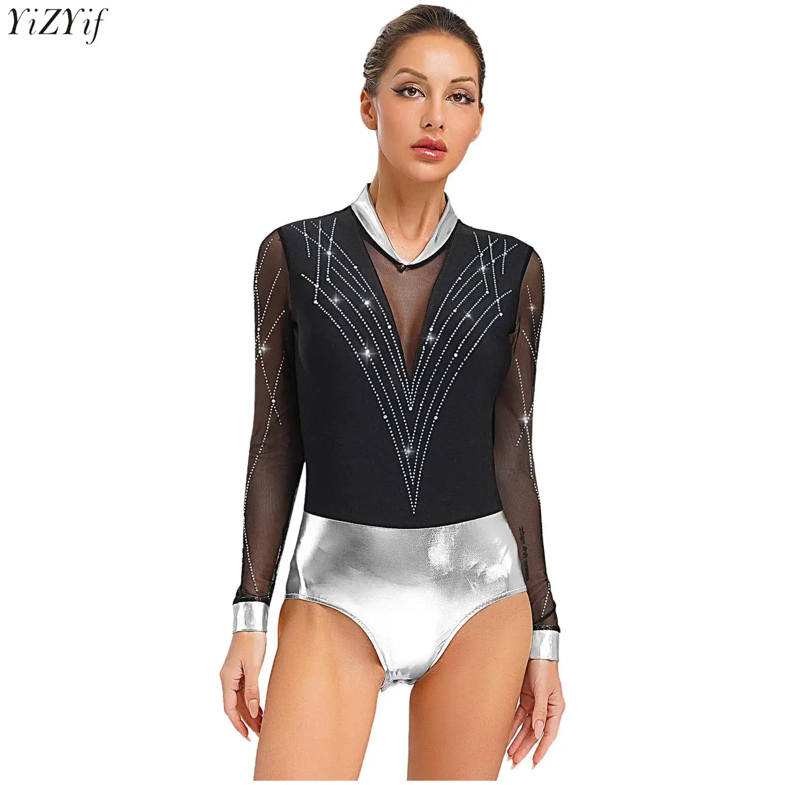 

Womens Gymnastics Figure Skating Dance Costume Color Block Shiny Rhinestones Metallic Leotard Sheer Mesh Long Sleeves Bodysuit
