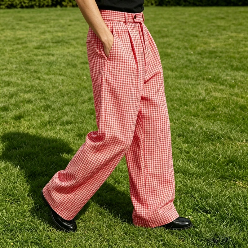 Men's Plaid Wide Leg Pants Loose Fit Cotton Linen Trousers Male Y2K Streetwear Casual Beach Breathable Elastic Waist Pockets view 5