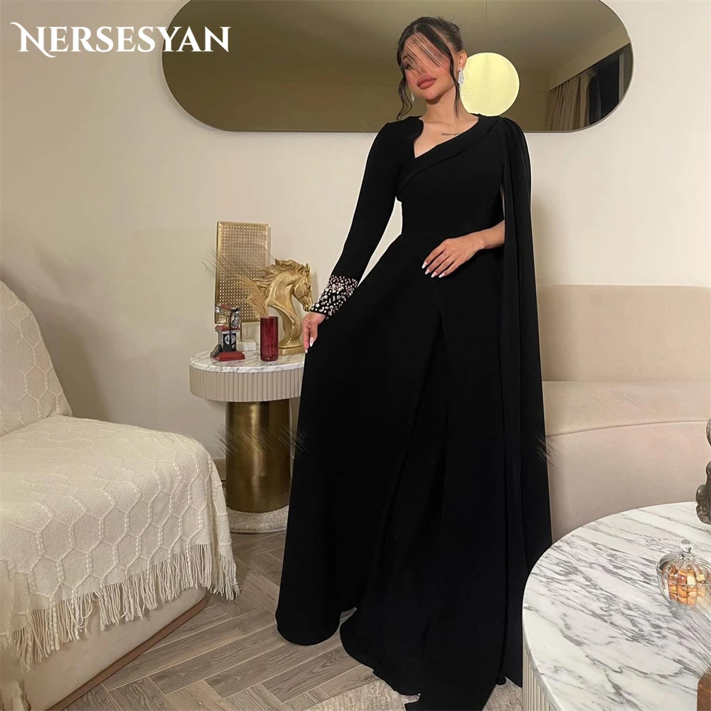 

Nersesyan Elegant Black Glitter Formal Evening Dresses One Shoulder Cap Sleeves Prom Dress Beading Solid Celebrity Party Gowns