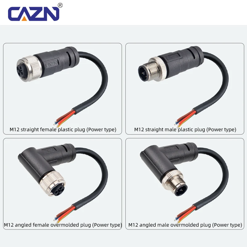 M12 T-Coded Unshielded Overmolded Plug Male Female Straight Angled 3 4 Pin 1/2/5m PVC IP67 for AC Power & Field Wiring