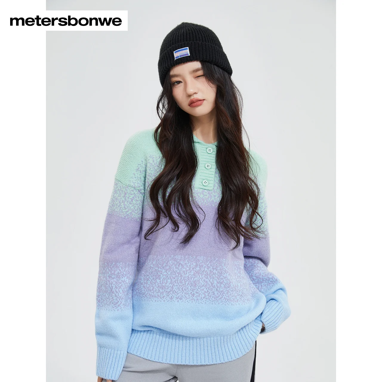 Metersbonwe-Women\'s Long-Sleeved Sweater Jumper Gradient Color Polo Collar Loose Soft Pullover Sweet Youth Girl Autumn