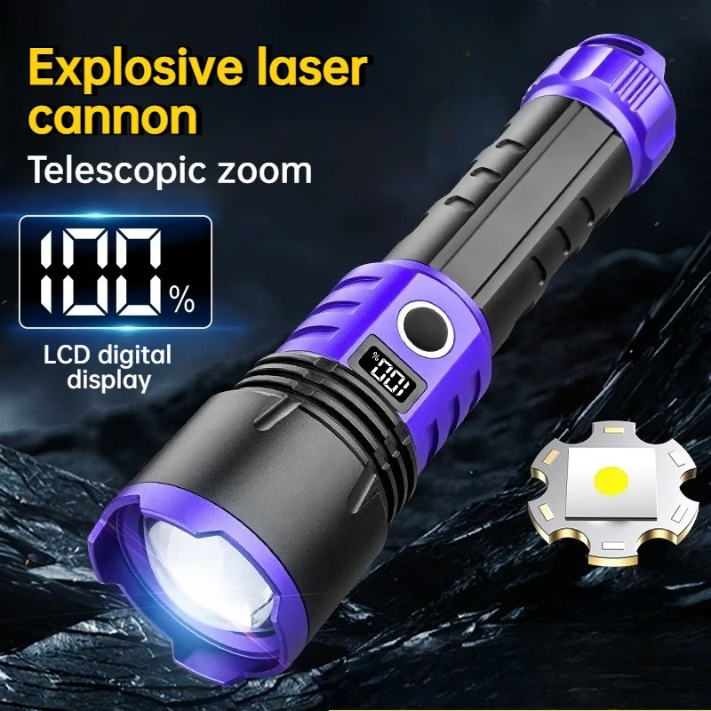 Linterna LED Multifuncional de Luz Fuerte con Carga USB, Zoom y Pantalla Digital, Linterna de Aleación de Aluminio para Camping al Aire Libre