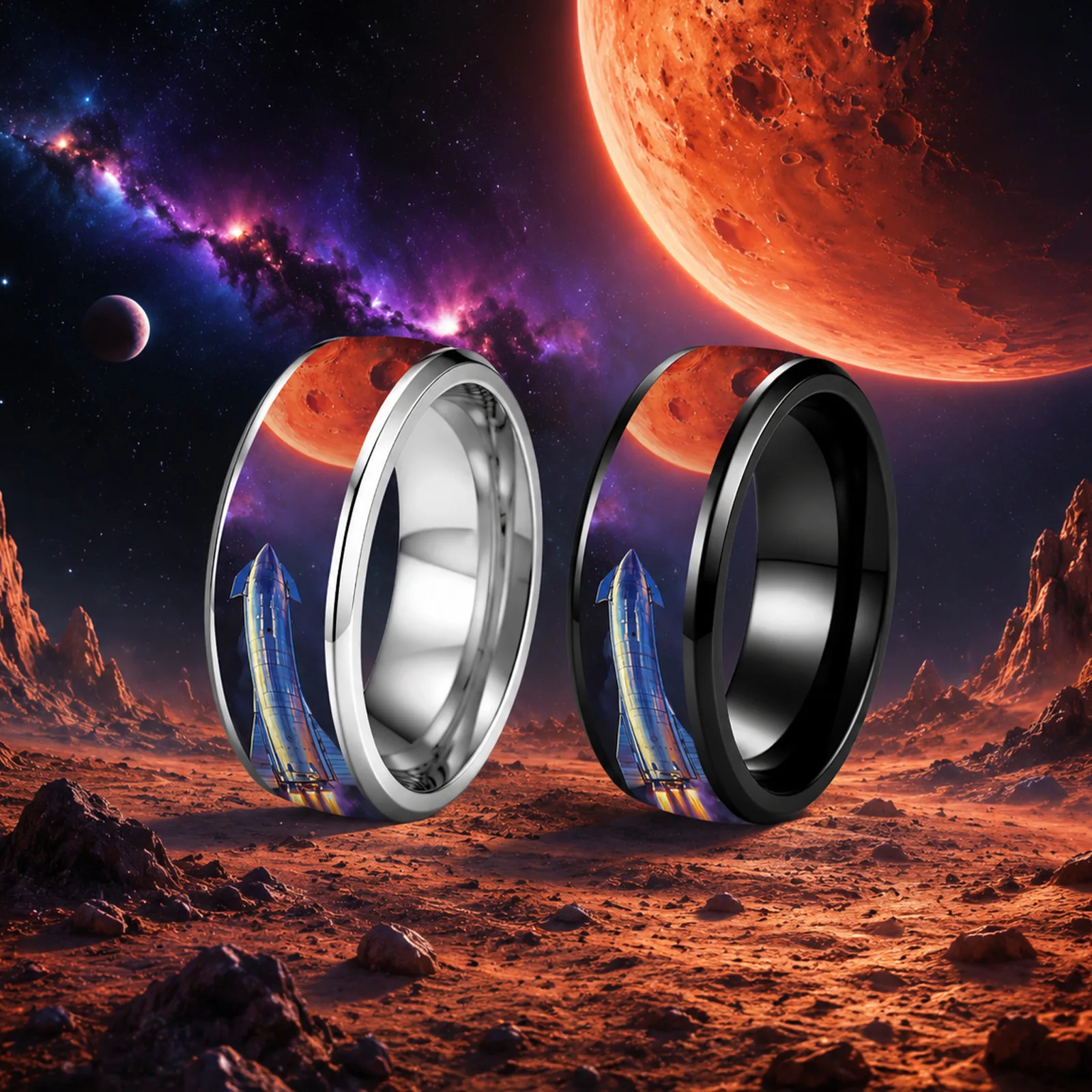 Fashion 8MM Planet Stainless Steel Rings Set Polished Wedding Band Unique Double Beveled Black And White Stainless Steel Jewelry