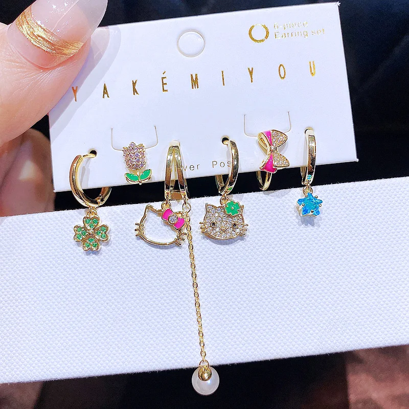 MIGGA 6pcs Cubic Zircon Leaf Cartoon Cat Dangle Earrings Set Gold Color Fashion Women Party Jewelry