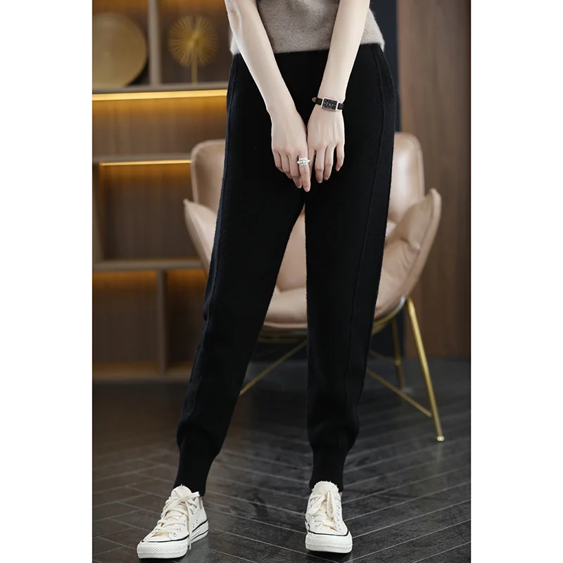 Fashion 100% Merino Wool Solid Color High-Waisted Knit Pants Trousers Cashmere  Soft Simple Basic Casual  Tapered-Leg Joggers