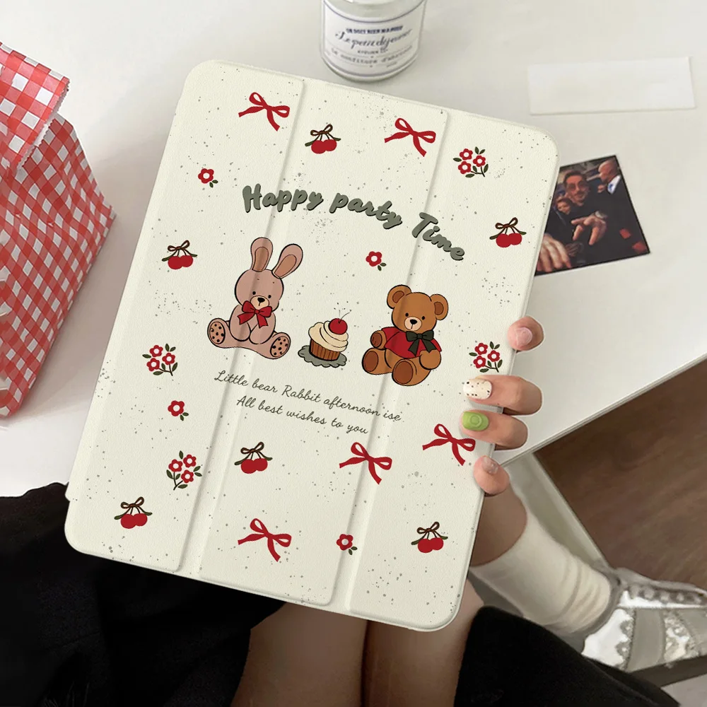 360° Rotating Case for iPad Mini 6 7 Pro 12.9 (2019/2020/2021) Air 1 2 3 Cherry Bear Rabbit Vintage Party Style Protective Cover