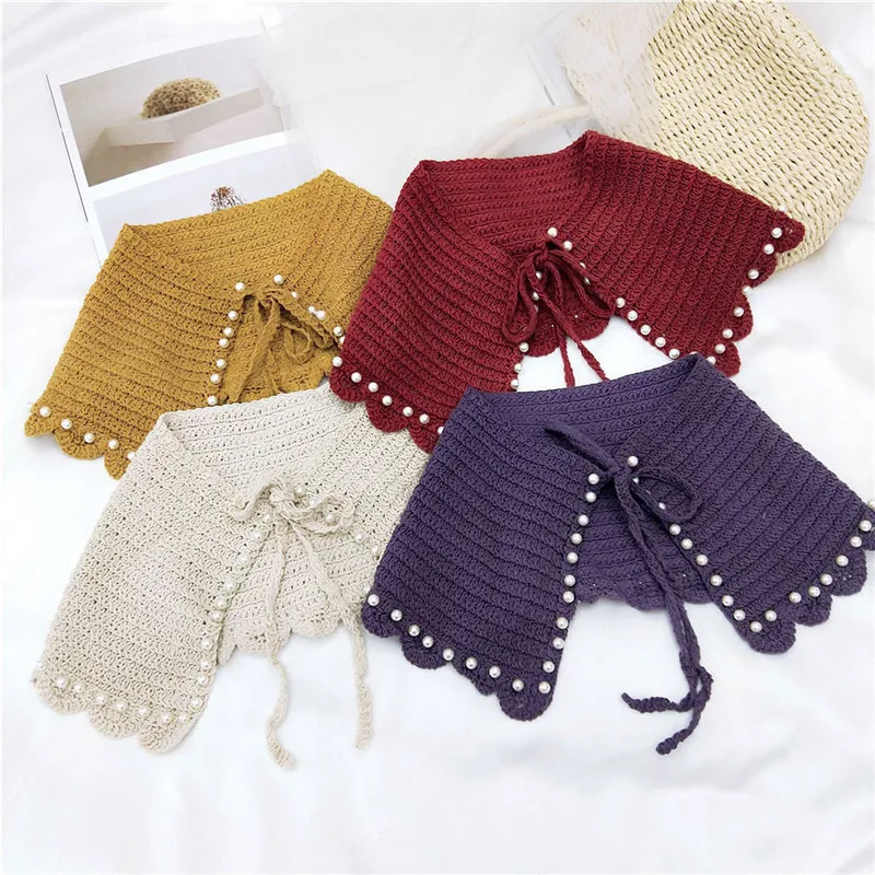 Solid Pearl Weaving Crocheting Pattern Shirts Blouse Sweater Detachable Collars Fake Scarf Shawls Imitation Collar Decoration