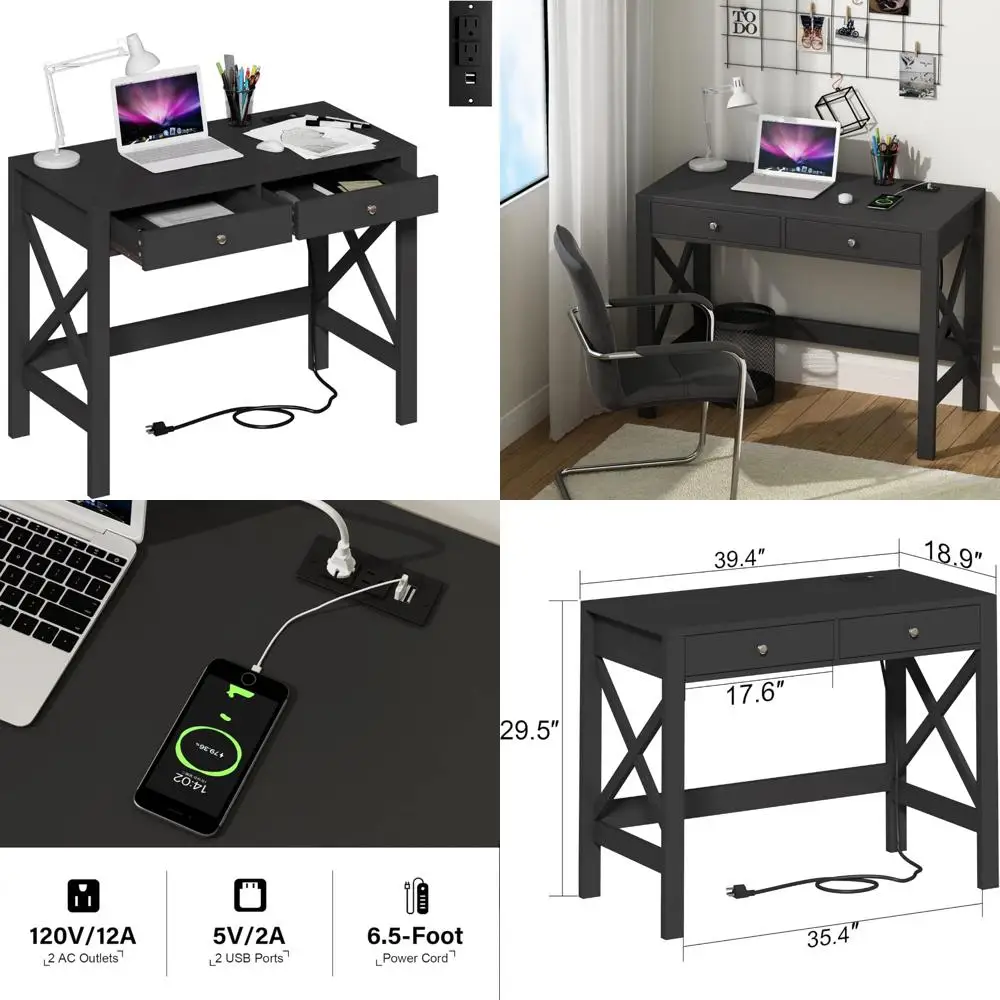 

Black 39-inch USB Charging and Outlet-Equipped Study Desk with Drawers