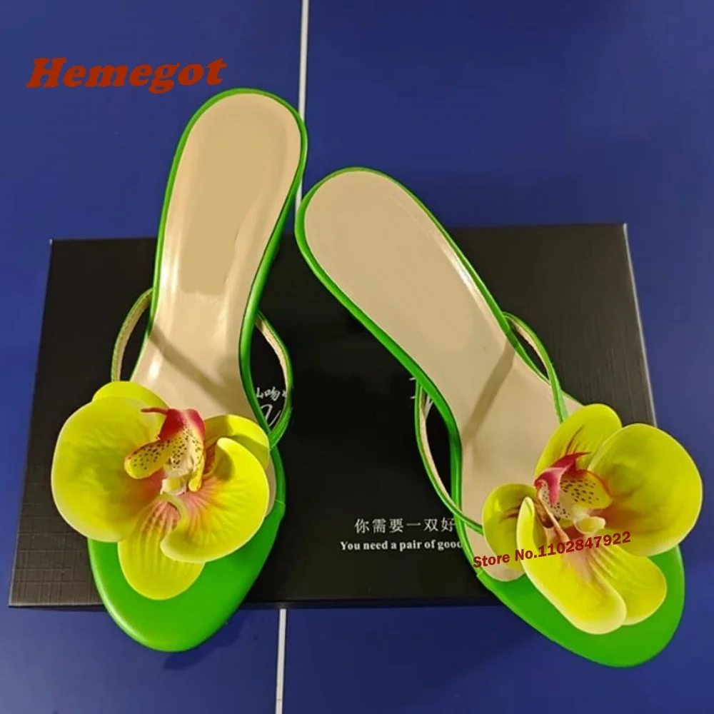 

Green Flower Pinch Toe Slippers Kitten Heels Slip On Patchwork Summer Women's Slippers 2023 Newest Elegant Party Shoes Outside