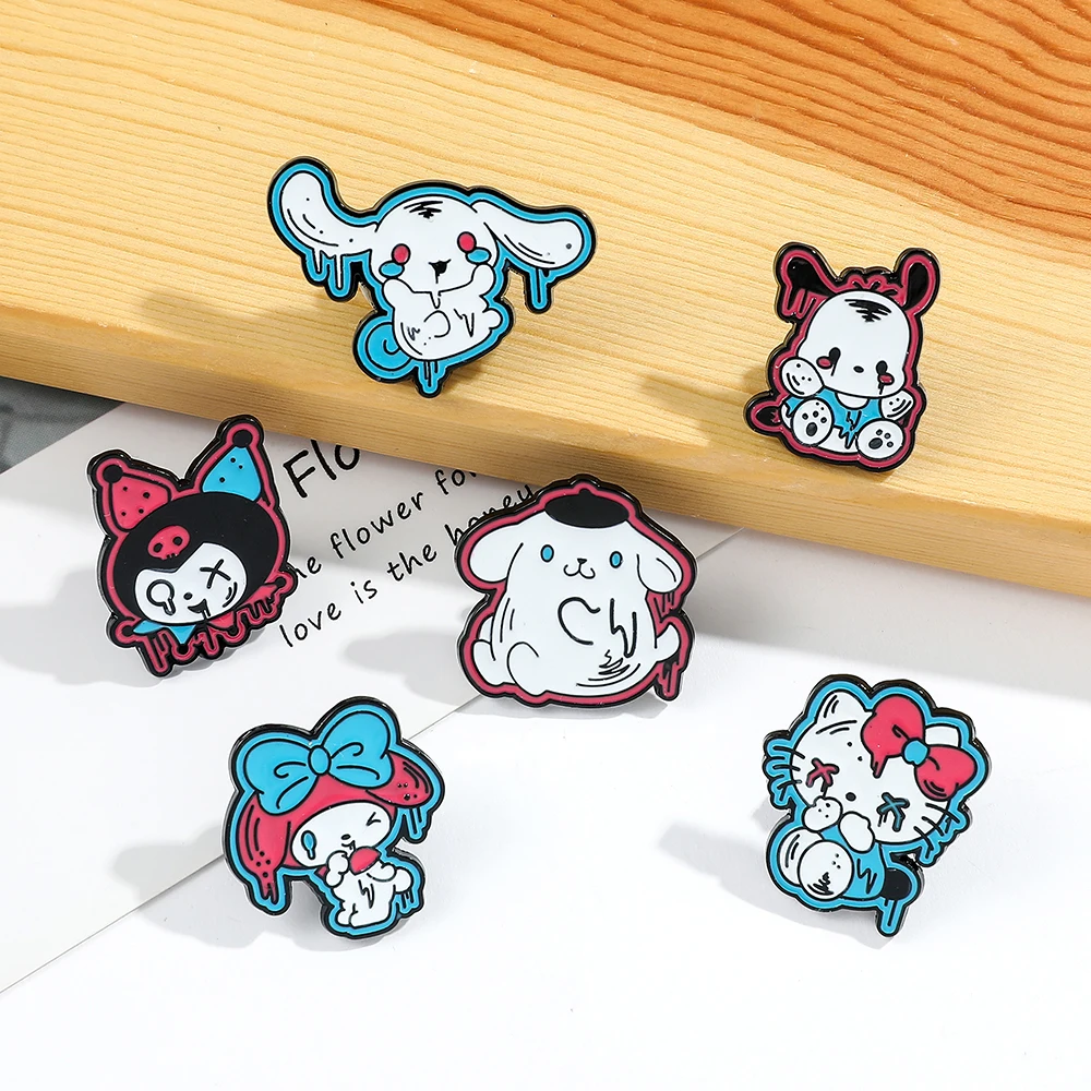 6 Pcs Halloween Hello Kitty Brooch For Men, Punk Kulomi Pochacco Enamel Pin, Animal Metal Backpack Clothing Jewelry Badge