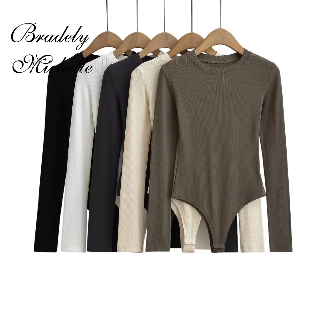 BRADELY MICHELLE 2023 Spring Women's Sexy Clothing Tops Long Sleeve Fleece-lined Round Neck Pullover Bodysuit Jumpsuit