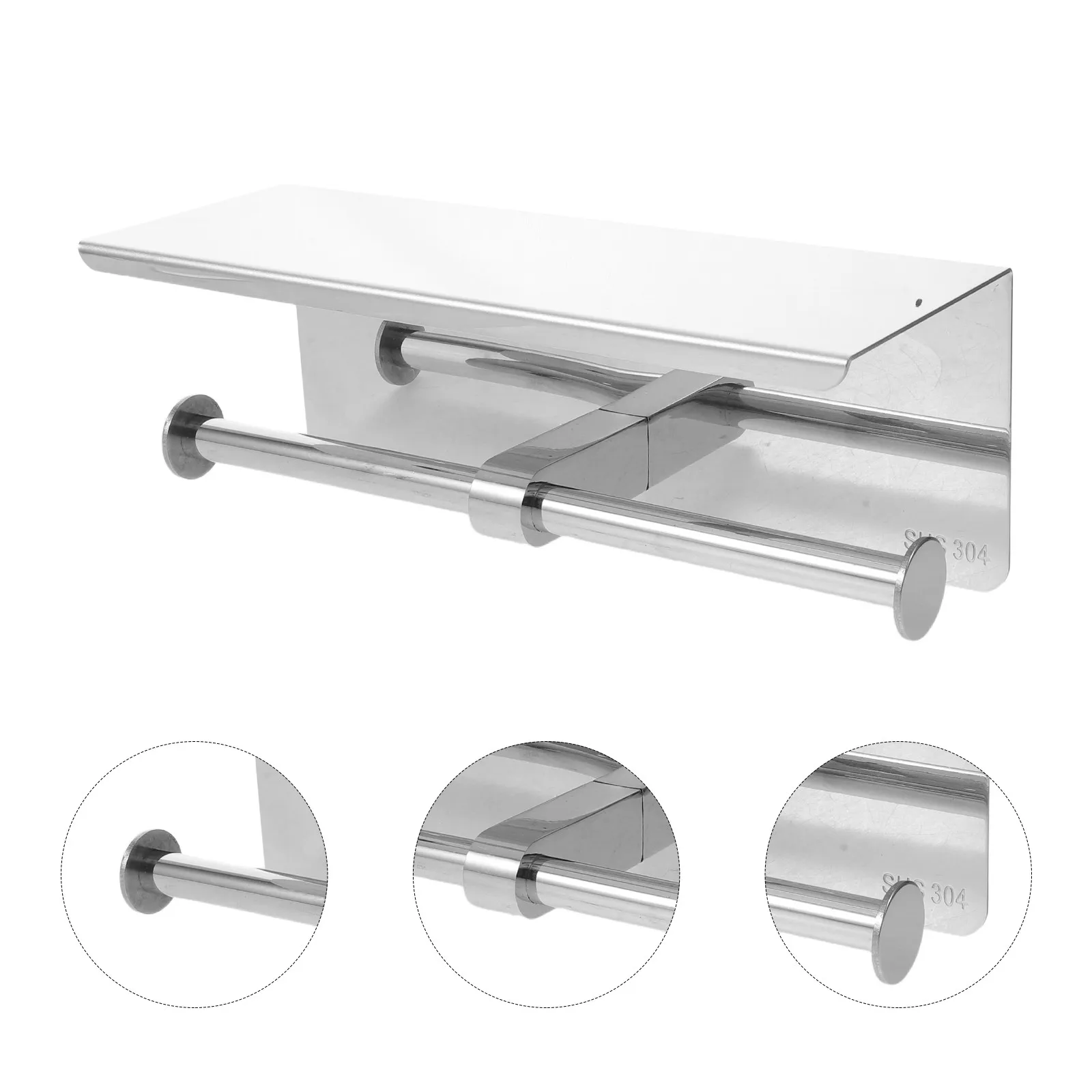 Double Roll Stainless Steel Toilet Paper Holder Phone Shelf Wall Mount Bathroom Tissue Storage Organizer No Drill Silver
