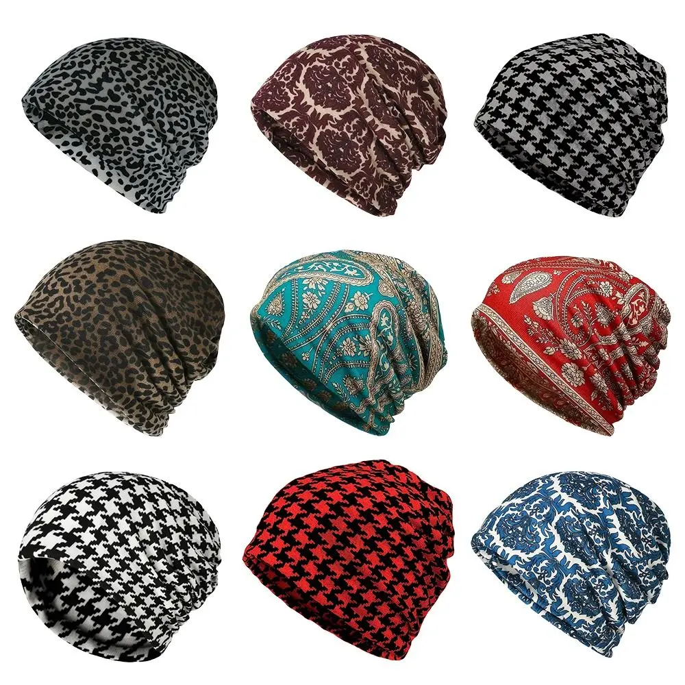 Contrasting Colors Pullover Hat Plaid Print Scarf Pullover Hat Turban Hats Multifunctional Casual Hedging Cap Autumn and Winter