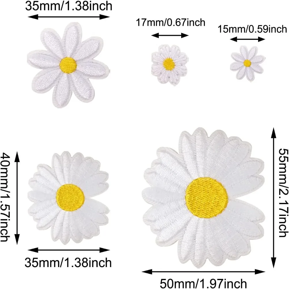 30PCS Daisy Flower Shape Iron On Patches,4 Sizes White Daisy Embroidered Patch Flower Delicate Embroidered Appliques For Clothes