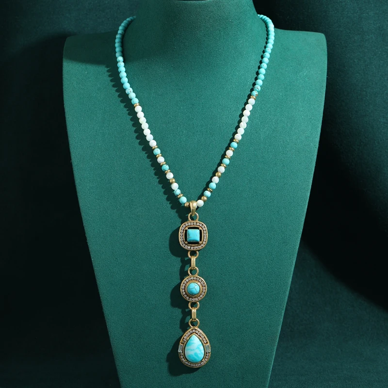 

Vintage Turquoise Beads Necklace Pendant Long Natural Stone High Jewelry Designer Luxury Charm For Women Mother's Day Retro Gift