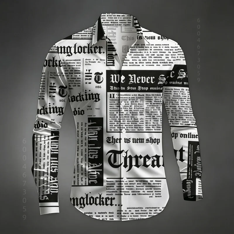 Men's Shirt Long Sleeved Shirt Newspaper Letter Print Retro Casual Single Breasted Shirt Street Style Trendy Men's Top XS-6XL