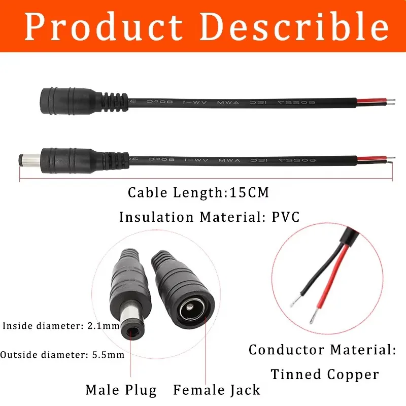 10 قطعة 5.5x2.1 مللي متر تيار مستمر ذكر أنثى التوصيل كابل الطاقة لحام موصل محول ضفيرة سلك ل كاميرا تلفزيونات الدوائر المغلقة LED قطاع
