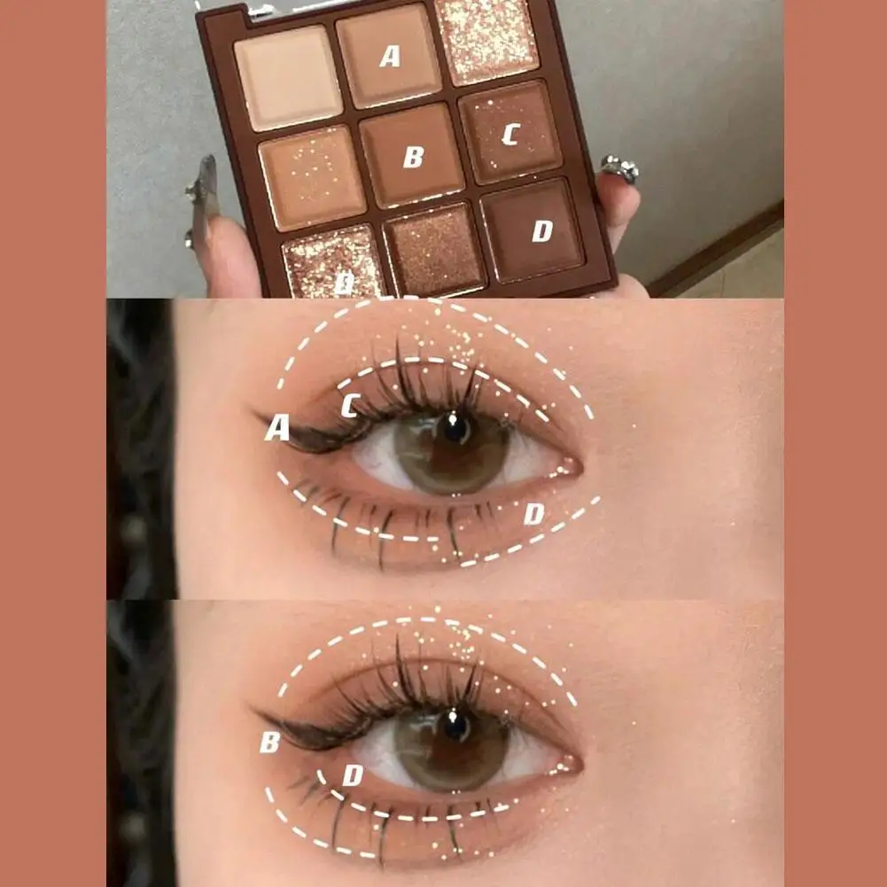 Paleta de sombras com 9 cores, marrom chocolate, perolado, fosco, glitter, brilhante, à prova d'água, maquiagem de longa duração, cosméticos