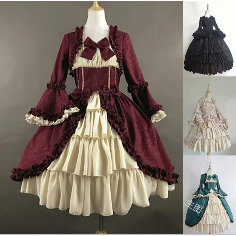 

Medieval Gothic Court Dress Gown Retro Princess Dresses Square Neck Waist Slim Splicing Bowknot Design for Women Cosplay