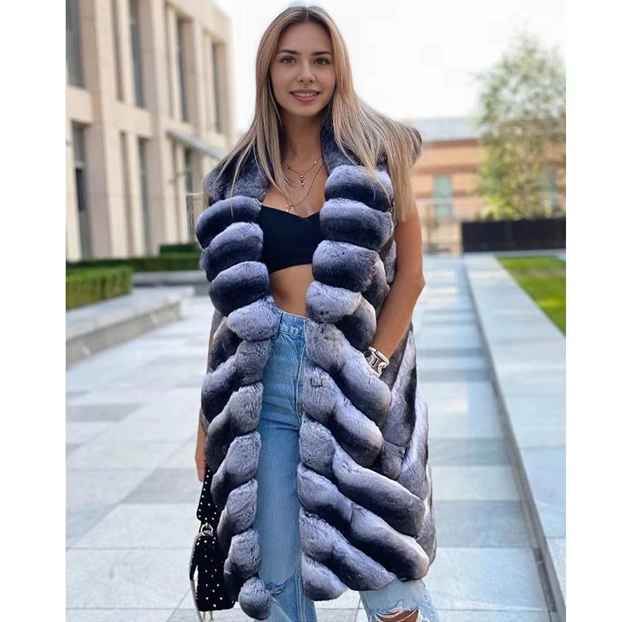 Women Real Rex Rabbit Fur Chinchilla Colour Winter Jacket Natural Rabbit Fur Vest Long Genuine Fur Vests Luxury Best Selling