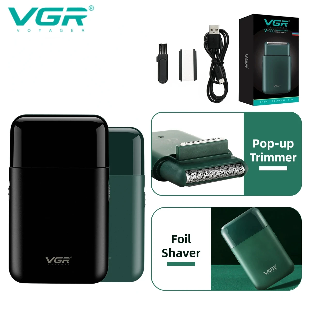 

VGR V-390 Electric Shaver Professional Beard Trimmer Razor Portable Mini Shaver Reciprocating Shaving 2 Blade USB Charge for Men