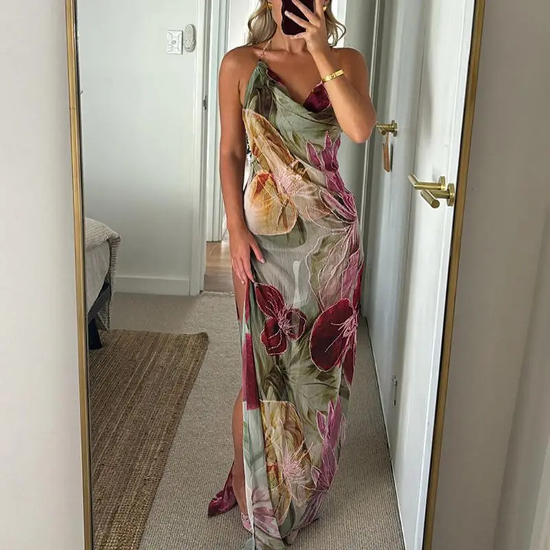 Combhasaki Donna Estate Boho Beachwear Catena di metallo Halter Collo ad anello Senza maniche Stampa floreale Backless Abito lungo con spacco alto Cami
