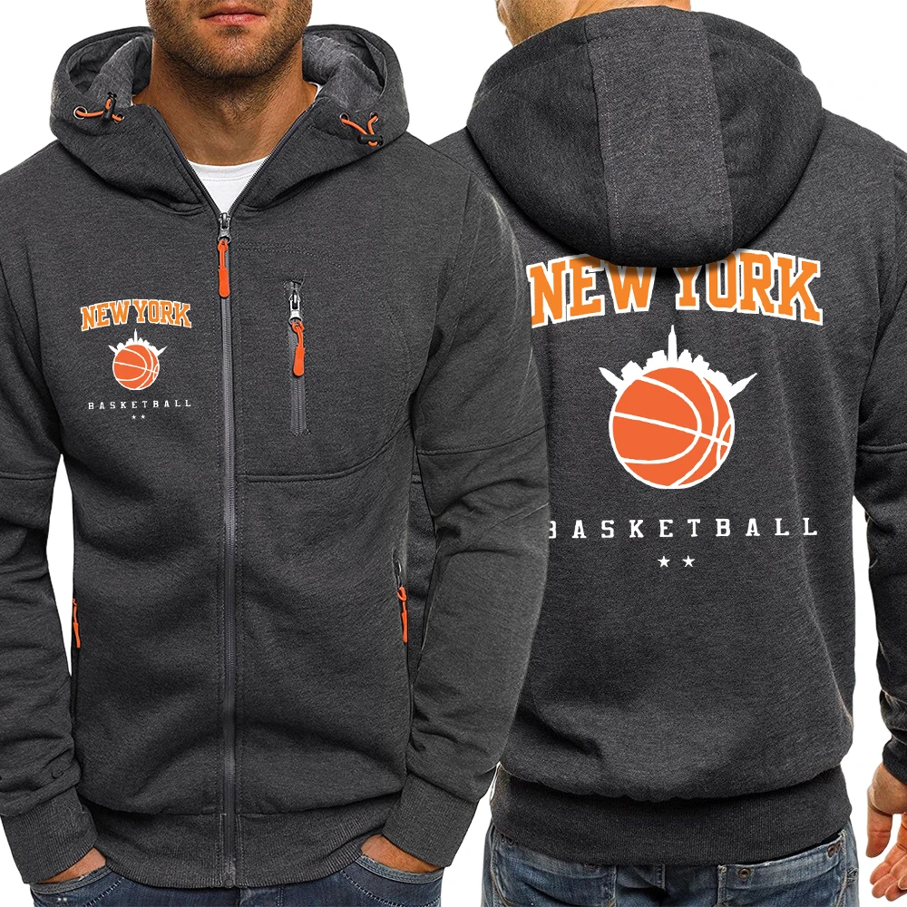 

New York Basketball Game Print Men Zipper Streetwear Hip Hop Fashion Hoodie Casual Loose Clothing Mans Autumn Fleece Long Sleeve