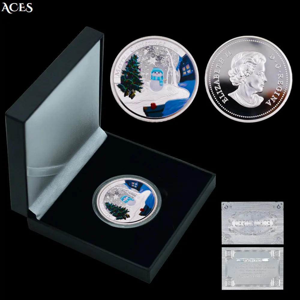 Winter Snowman Silver Coin Merry Christmas Cute Commemorative Medal with Box Color Painting Challenge Coin In Capsule