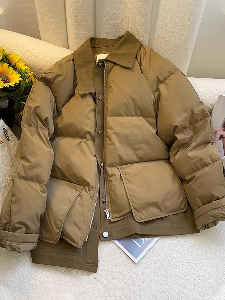 

Retro Hong Kong Sle Faion Patchwork Fake Two-Piece Cotton Jaet Cotton Coat Men Women Autumn Winter Loose Warm Bread Coat