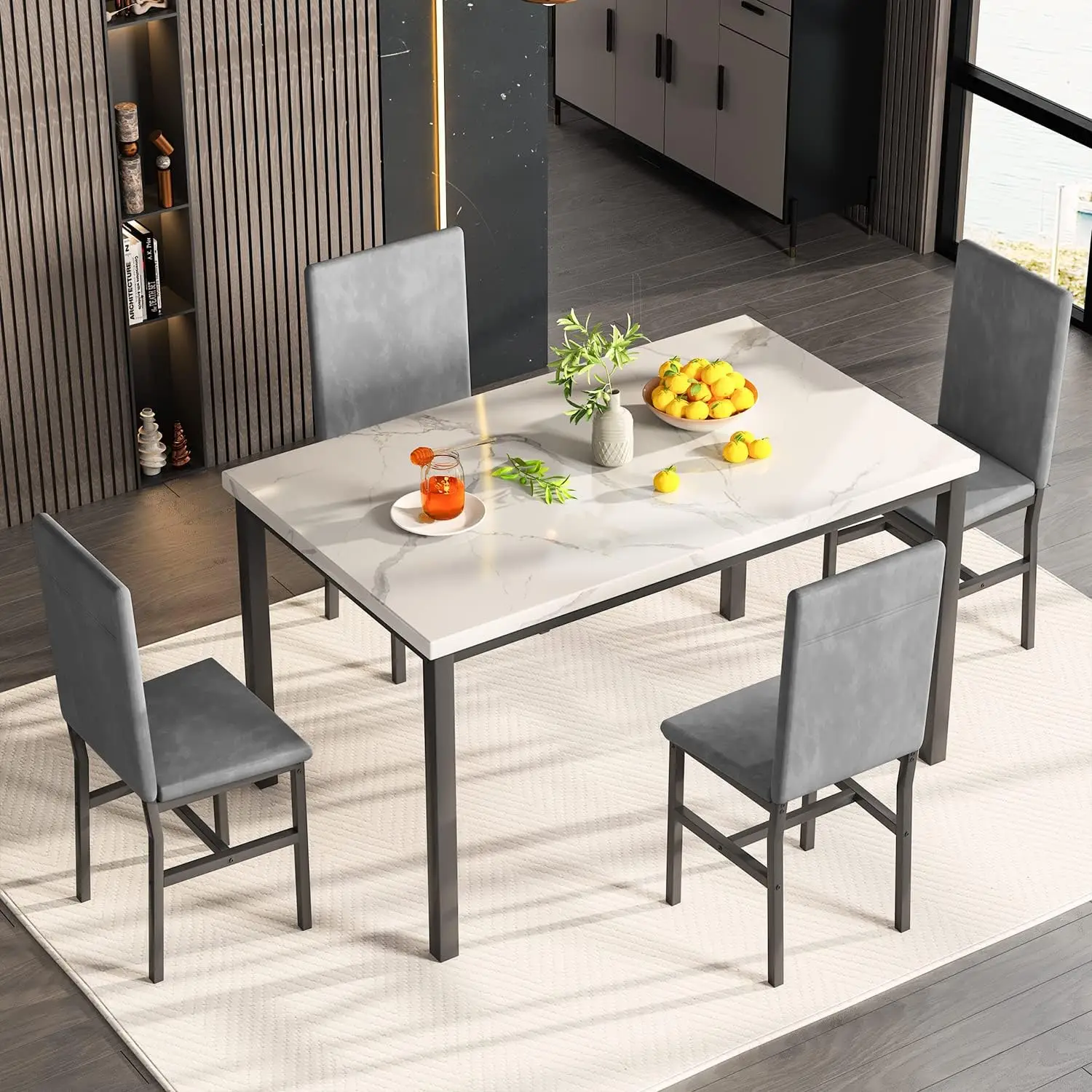 Miere Eettafel Set Voor 4, 5-delige Marmeren Diningtableset Met 4 Fluwelen Metalen Frame Stoelen Voor Keuken, Bar, Woonkamer