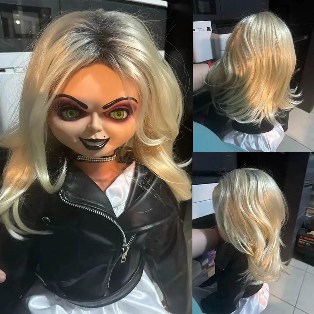 Premium Synthetic Hair Blonde Wigs for Dolls Bride of Chucky Cosplay Wig with Side Bangs Long Curly Black Roots Natural Straight