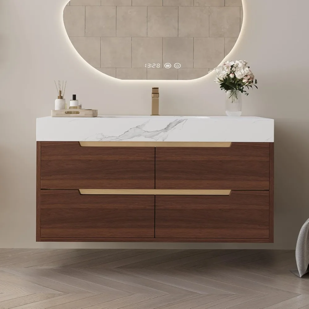 2-in-1 schwebender Badezimmer-Waschtisch mit Waschbecken-Kombination, 35,4'' wandmontierter Badezimmer-Waschtischschrank mit Keramikwaschbecken, 4 Schubladen