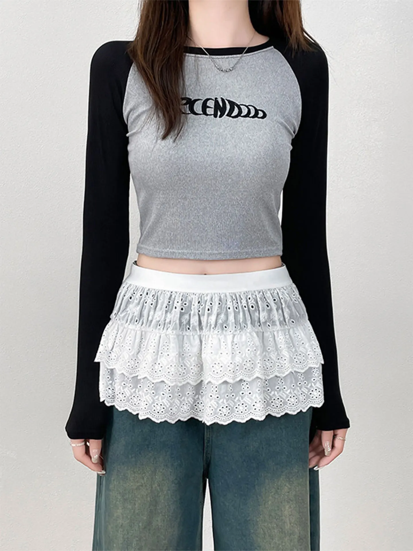 plus Size Women's Korean Style White Lace Cake Skirt High Waist Double Layer Ruffle Commute High End Feeling Panty Curtain