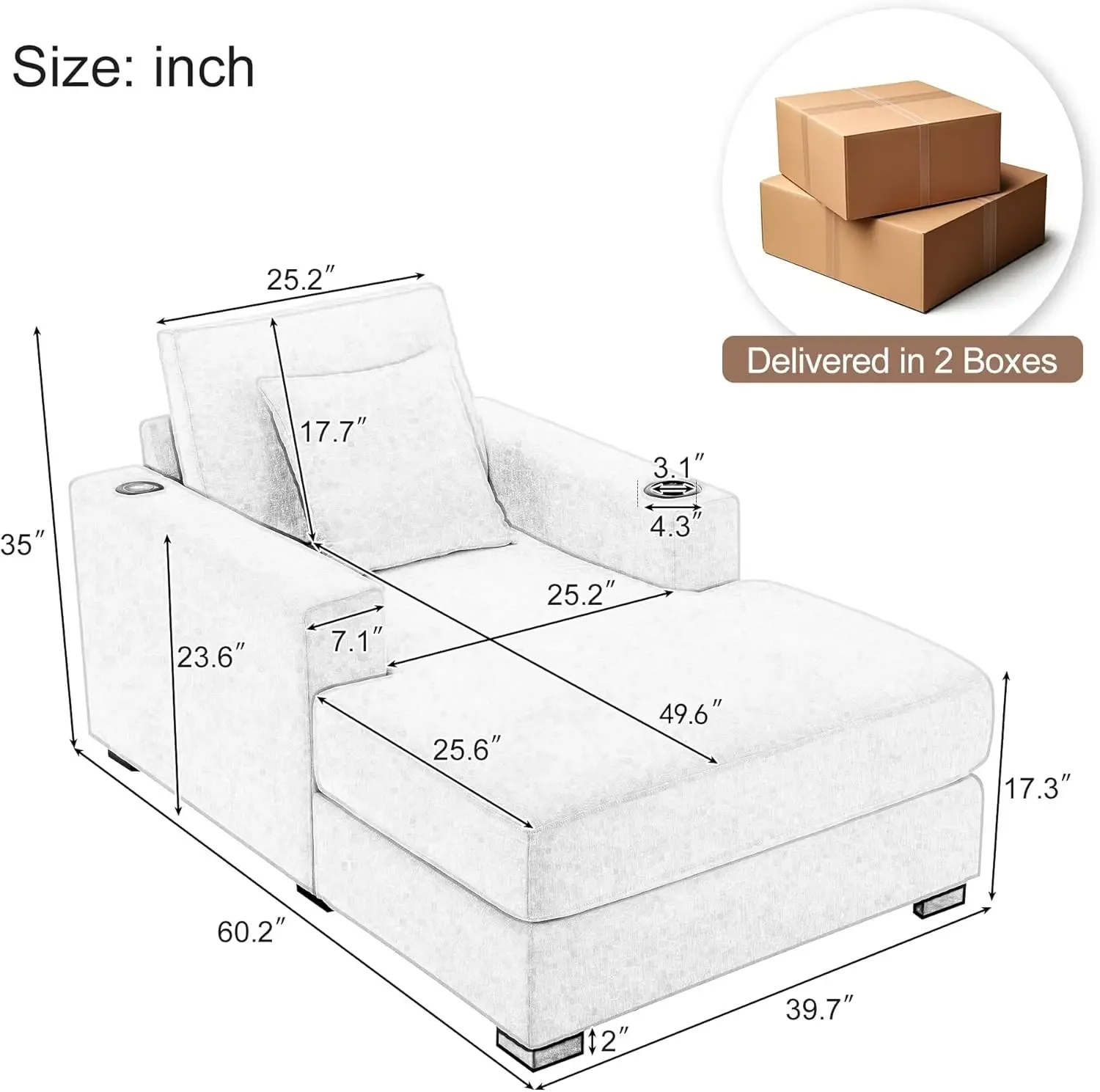 Indoor Chaise Lounge with Pillows, Charge Station & Cup Holders, Single Sofa Couch with Armrest and Soild Wood Legs, Gream