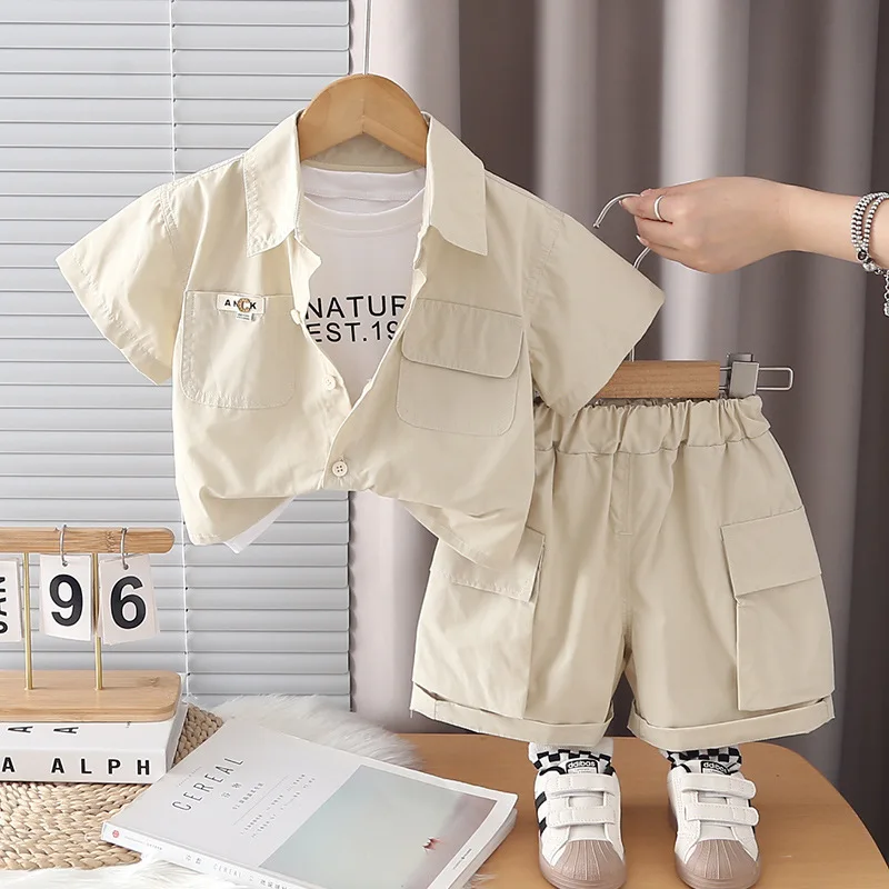 

Kids Boys 3PCS Casual Clothing Solid Color Cargo Short Sleeve Shirt + T-Shirt + Shorts Toddler Summer Outfit for Daily Wear Gift