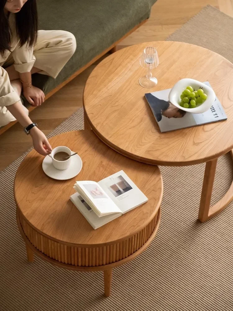 طاولة قهوة مستديرة من الخشب الصلب بالكامل من خشب الكرز، طاولة جانبية لأثاث شقة صغيرة حديثة وبسيطة #3
