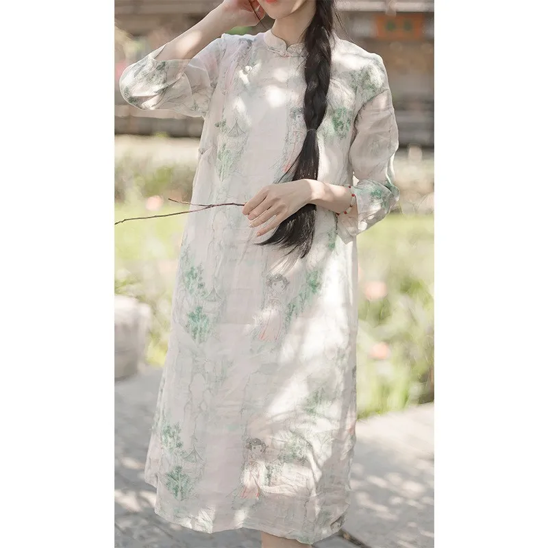 

Retro Sle Pure Flax ort Collar Qipao Dr Women's Improved Version Summer Vintage Forest Girl Series Skirt Busin Casu...