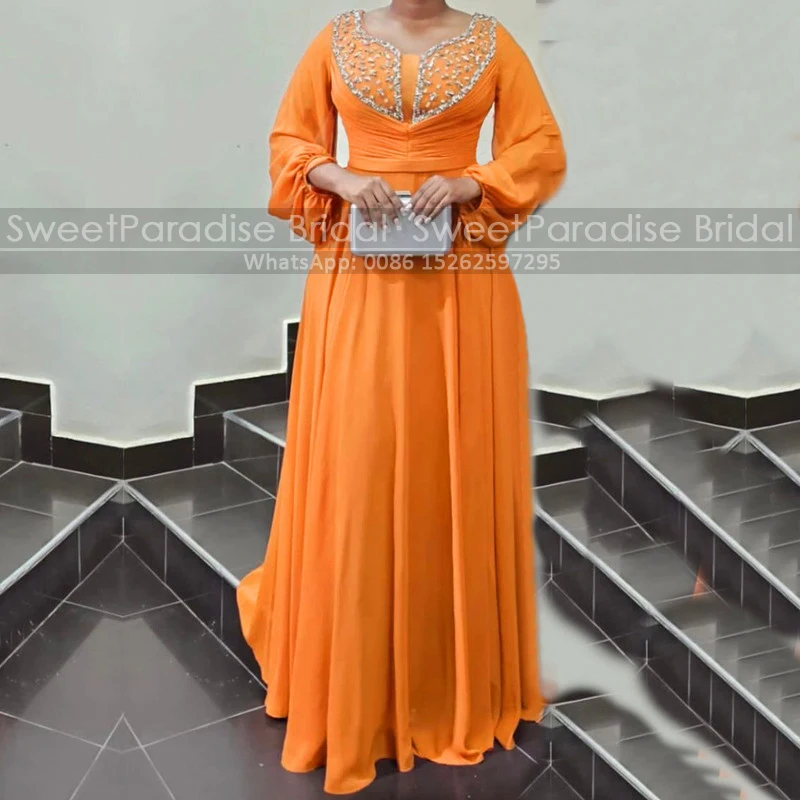 Plus Size Long Sleeves Mother of the Bride Dresses Pleat A Line Heavily Beaded Scoop Orange Wedding Party Dress For Women