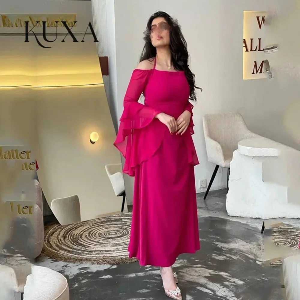KUXA Sexy Abendkleid mit Spaghettiträgern für Damen, Meerjungfrau-Stil, Chiffon, ausgestellte lange Ärmel, Party-Abendkleid, knöchellang, für formelle Anlässe