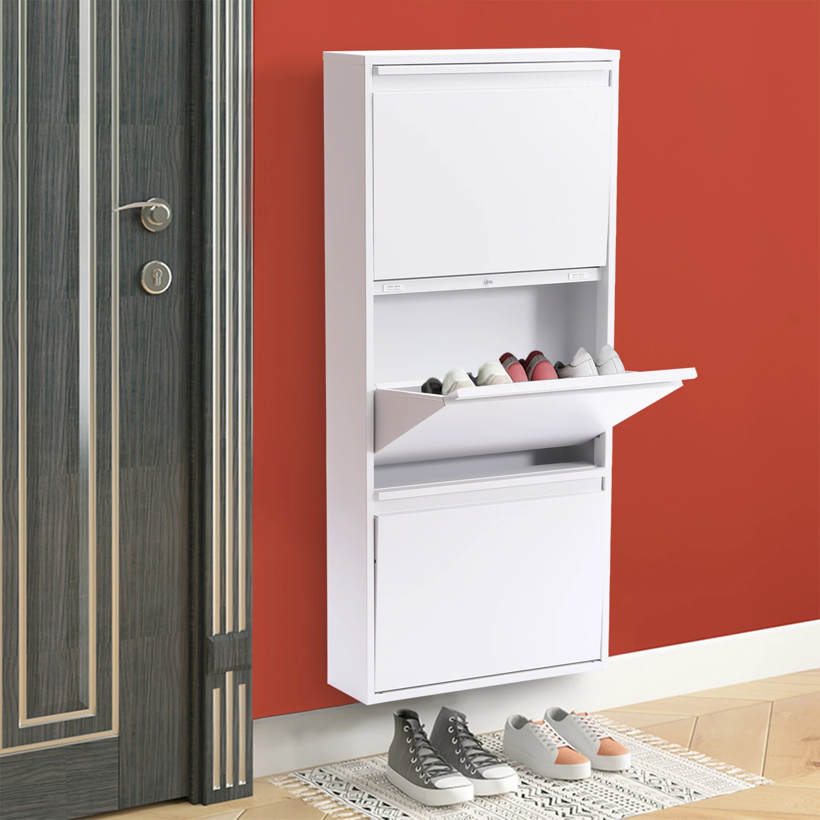 3 Drawer Shoe Storage Cabinet, Wall Mounted & No-Assembly Metal Shoe Cabinet for Entryway, Holds 9 Pair Shoes, White