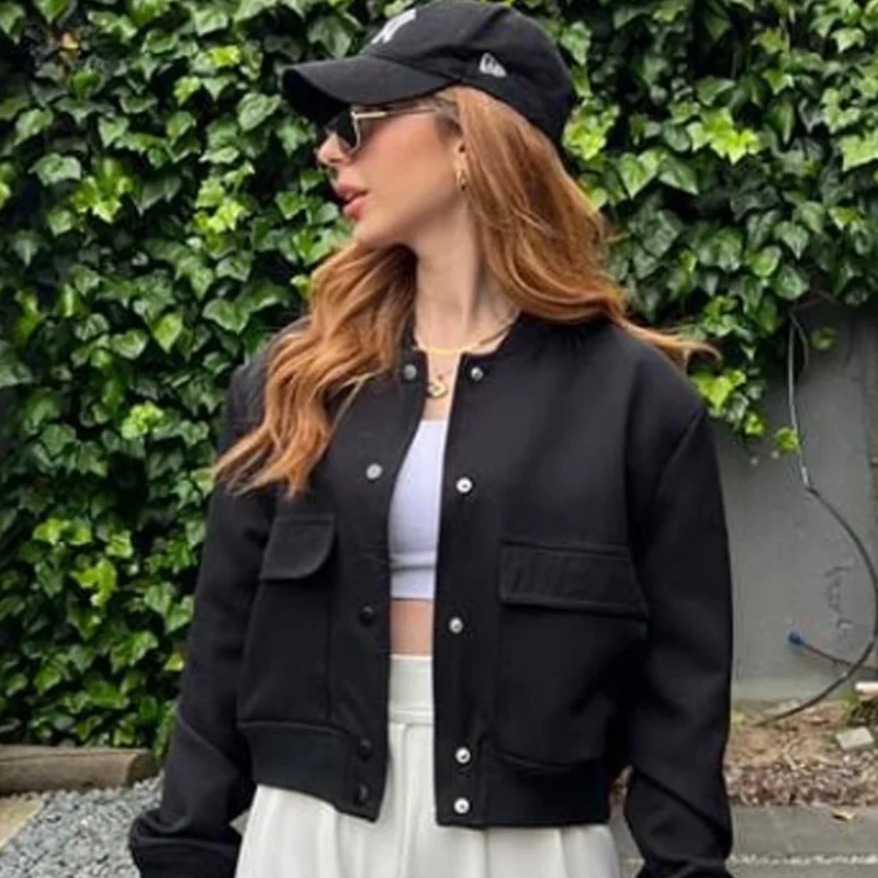 HXAO Women's Bomber Jacket Crop Black Off White Outerwears Spring 2025 New In Coats Aviator Varsity Button Long Sleeve Coat 066