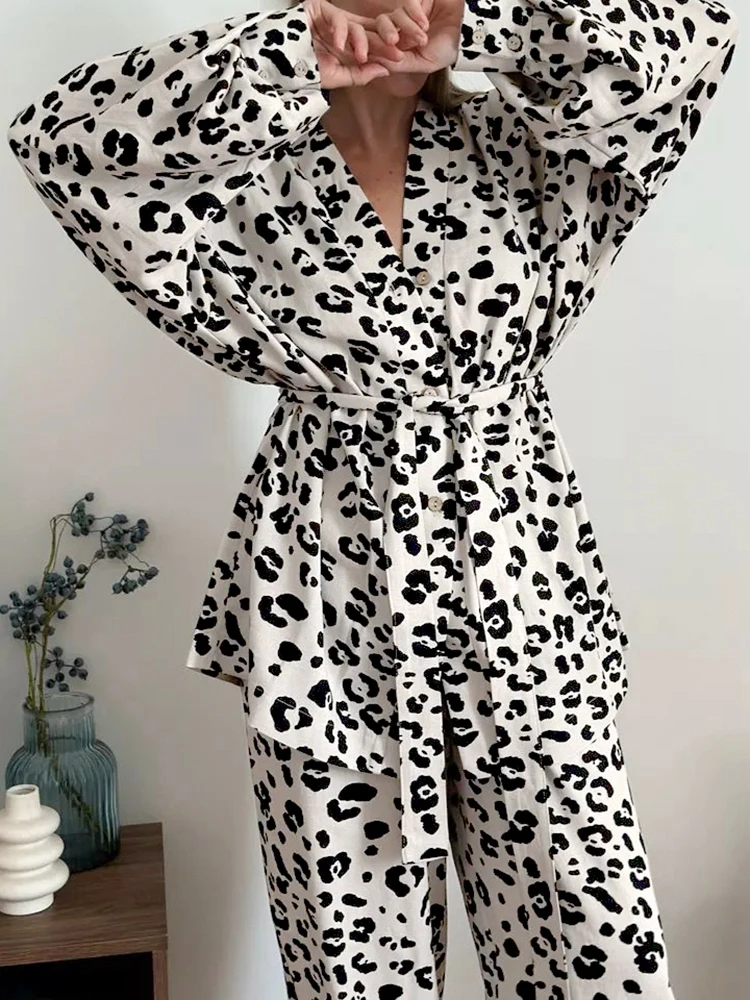 Hiloc Loose Women\'s Home Clothes 2 Piece Sets Leopard Long Sleeve Sleepwear Sashes Casual Female Trouser Suits Autumn 2024